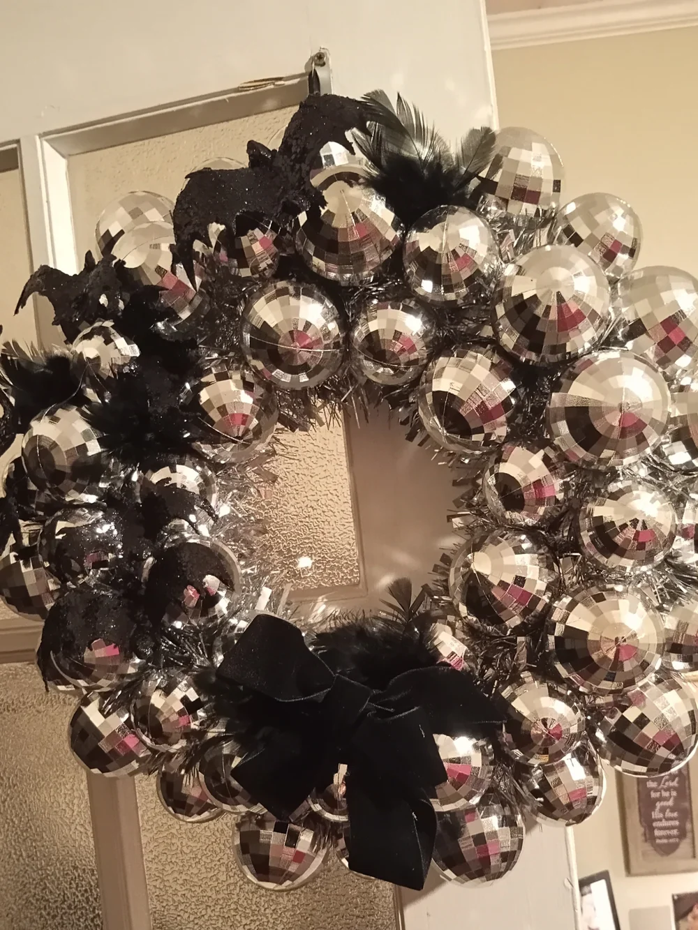 Festive Silver Disco Ball Wreath with Black Accents